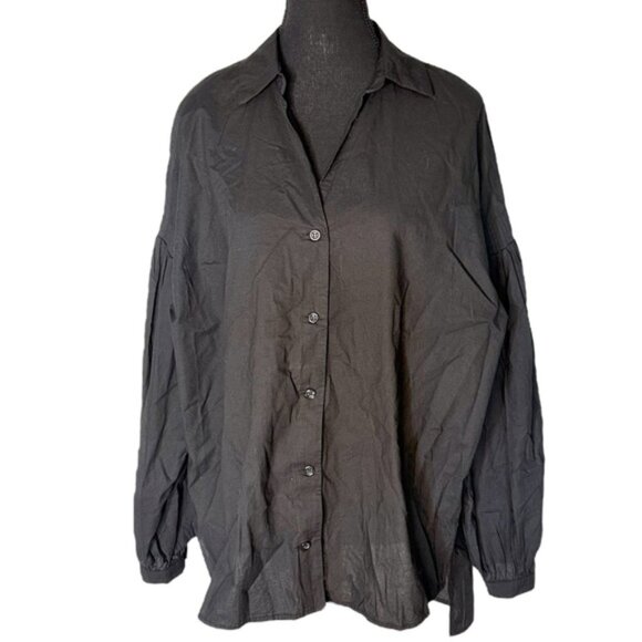 MADISON THE LABEL Black Button Down Blouse Top Long Sleeve Oversized Puffy Baggy - Picture 2 of 13